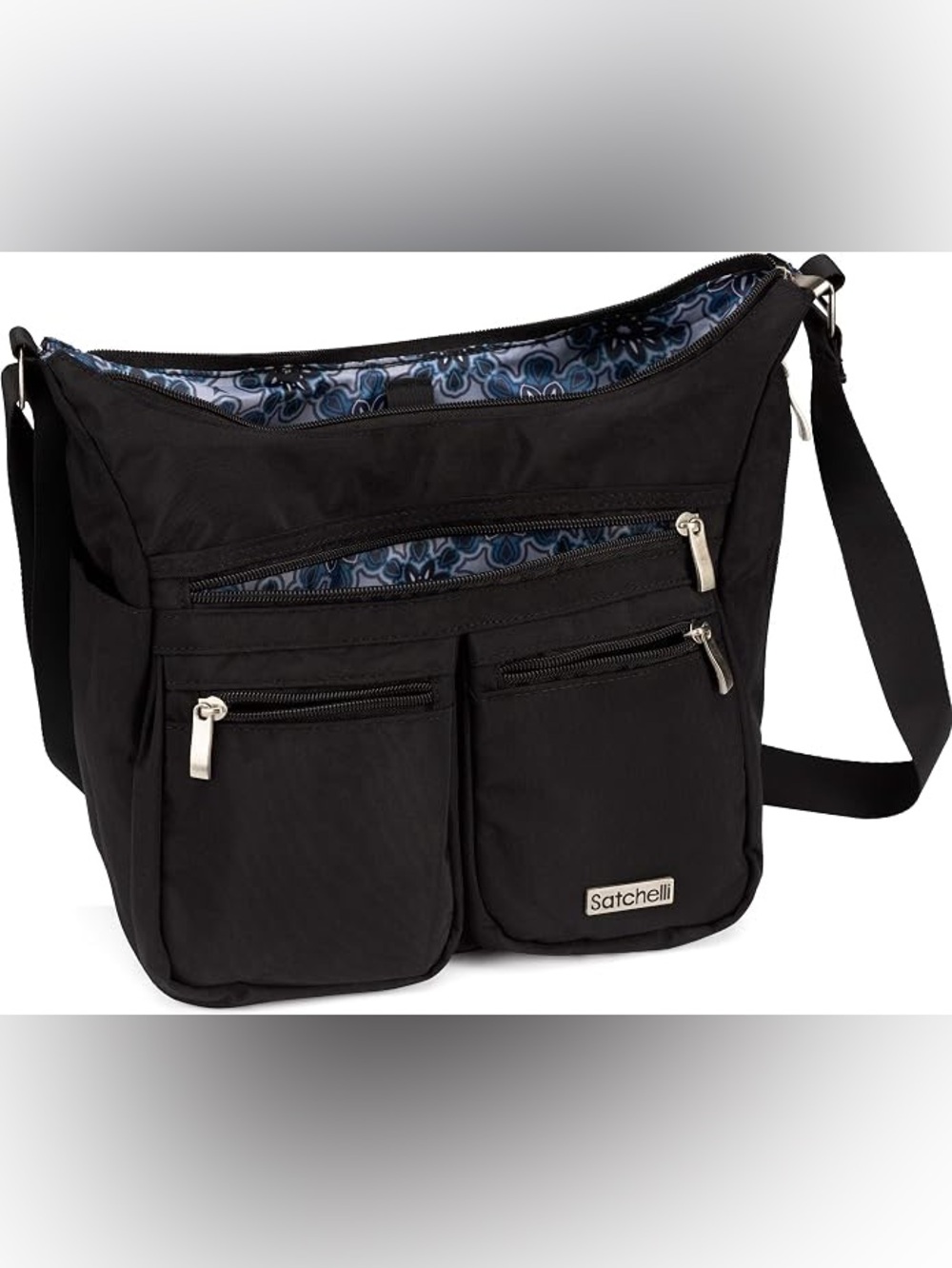 Black Crossbody Bag with Purple Floral Lining